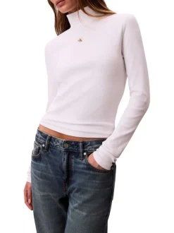 T-shirt blanc en coton à maille côtelée avec une coupe moulante