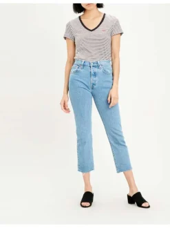 T-shirt blanc en coton rayé avec une coupe droite et un col v en noir