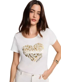 T-shirt blanc à imprimé avec une coupe droite et un col rond