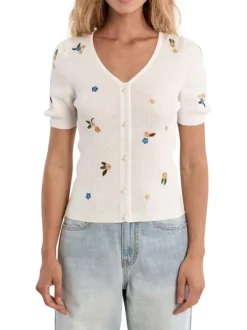 T-shirt blanc à motifs pourvu d'une coupe ajustée et de manches courtes