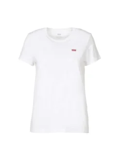 T-shirt blanc pour femme avec petit logo brodé en coton coupe droite
