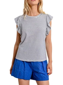 T-shirt blanc rayé avec une coupe droite un col rond et des manches courtes