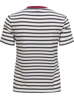 T-shirt blanc à rayures avec une coupe droite et un col rond