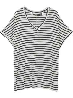 T-shirt blanc à rayures bleues marine avec une coupe droite fluide et un col v