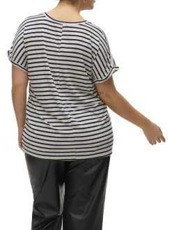 T-shirt blanc à rayures bleues marine avec une coupe droite fluide et un col v