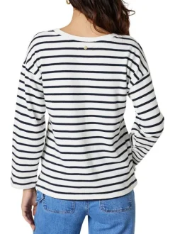 T-shirt blanc à rayures pourvu d'un col rond et de manches longues