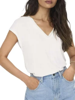 T-shirt blanc uni avec une coupe ample et un col v en lurex doré