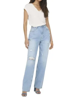 T-shirt blanc uni avec une coupe ample et un col v en lurex doré