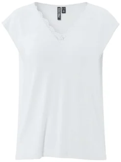T-shirt blanc uni avec une coupe droite et un col V en dentelle