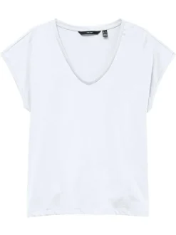 T-shirt blanc uni avec une coupe droite un col v et des manches courtes amples