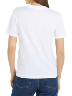 T-shirt blanc uni col v, avec patch cousu sur la poitrine et à manches courtes
