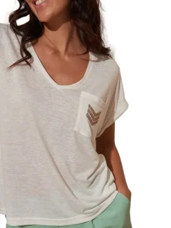 T-shirt blanc uni à coupe droite avec un col v et des manches courtes