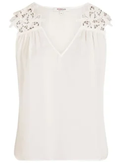 T-shirt blanc uni à coupe droite, col v avec dentelle et sans manches