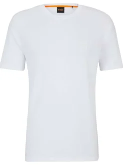 T-shirt blanc uni à coupe droite et à col rond avec un petit patch carré