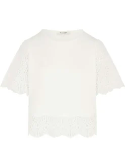 T-shirt blanc uni en dentelle avec une coupe droite et un col rond