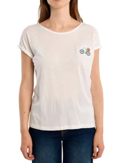 T-shirt blanc uni pourvu de manches courtes et d'un vélo brodé sur la poitrine