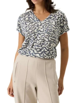 T-shirt bleu et écru à motifs abstraits imprimés avec une coupe droite