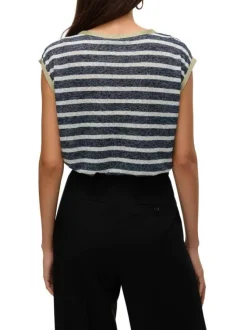 T-shirt bleu marine chiné à rayures avec un col v pailleté et une coupe droite