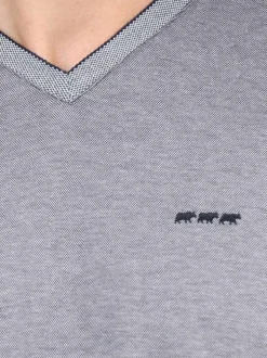 T-shirt bleu marine et blanc uni en maille piquée à coupe droite et à col v