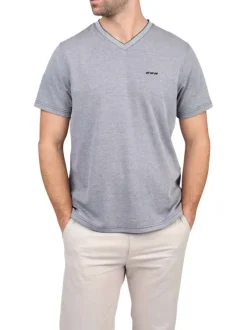 T-shirt bleu marine et blanc uni en maille piquée à coupe droite et à col v