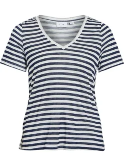 T-shirt bleu marine à rayures avec un aspect légèrement délavé et à col v