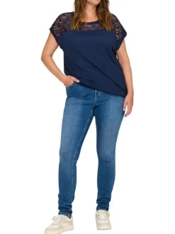 T-shirt bleu marine uni avec de la dentelle au niveau du buste et à col rond