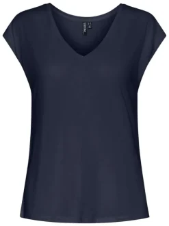 T-shirt bleu marine uni avec un col v et des manches très courtes