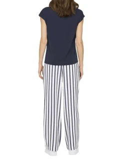 T-shirt bleu marine uni avec une coupe ample et un col v en lurex doré