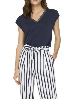 T-shirt bleu marine uni avec une coupe ample et un col v en lurex doré