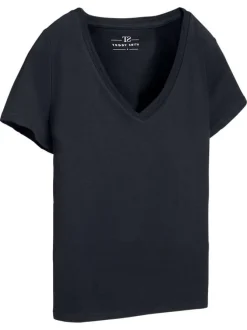 T-shirt bleu marine uni avec une coupe droite et un col v en maille