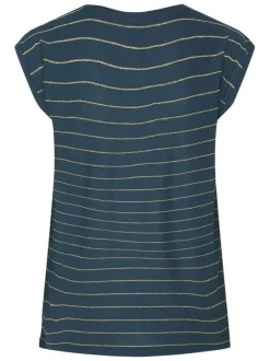 T-shirt bleu pétrole à rayures dorées avec un col v et une coupe droite