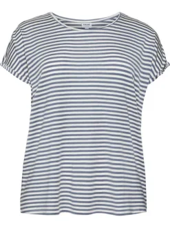 T-shirt bleu rayé avec une coupe droite, un col rond et à manches courtes