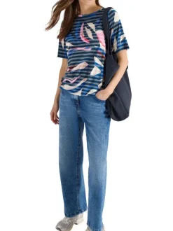 T-shirt bleu à rayures avec une coupe droite et un col rond