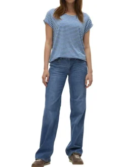 T-shirt bleu à rayures horizontales avec une coupe droite et un col rond