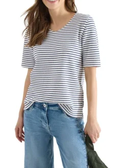 T-shirt bleu à rayures pourvu de manches courtes et d'une coupe droite
