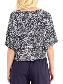 T-shirt bleu tacheté à coupe cropped col v et à manches courtes
