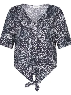 T-shirt bleu tacheté à coupe cropped col v et à manches courtes
