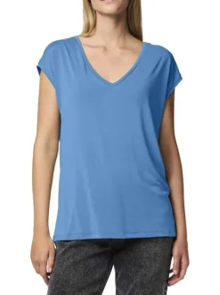 T-shirt bleu uni avec un col v une coupe droite et des manches très courtes