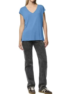 T-shirt bleu uni avec un col v une coupe droite et des manches très courtes