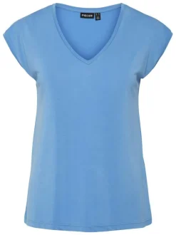 T-shirt bleu uni avec un col v une coupe droite et des manches très courtes