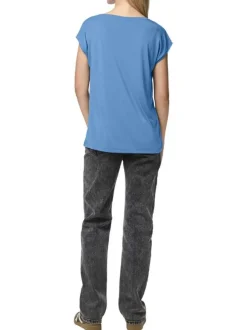 T-shirt bleu uni avec un col v une coupe droite et des manches très courtes