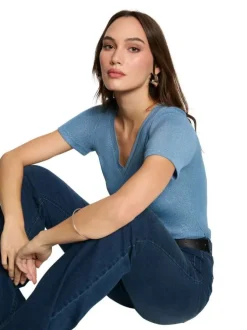 T-shirt bleu uni à coupe droite, col v et à manches courtes brillant
