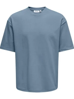T-shirt bleu uni épais avec une coupe oversize et un col rond