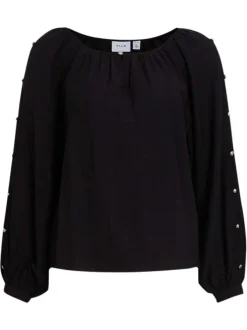 T-shirt blouse noir uni pourvu d'un col rond et de manches longues