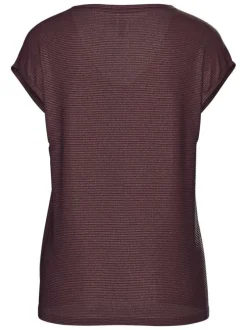 T-shirt bordeaux à rayures avec col v arrondi et incrustation de fils lurex