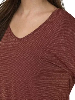 T-shirt bordeaux uni avec du lurex et une coupe droite à col v