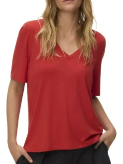 T-shirt brique coupe ajustée pourvu d'un col v et de manches courtes