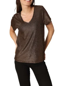T-shirt bronze incrusté de fils lurex avec un col v et des manches courtes