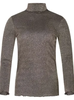 T-shirt chocolat uni avec une coupe droite à col montant et des manches longues