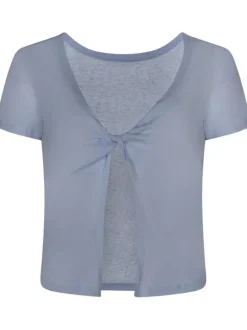T-shirt ciel en maille dévorée coupe cropped et col bateau à manches courtes